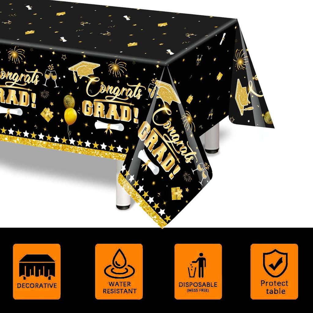 3 Pack Graduation Tablecloth Decorations,54x128inch Black Gold Congrats Grad Disposable Plastic Waterproof Rectangular Table Cloth Cover Decor for