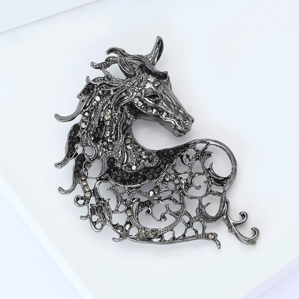 Vintage Hollow Out Handsome Horse Brooch Crystal Badge Pin Jewelry Accessory