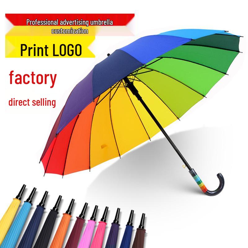 Large 16-Ribbed Rainbow Umbrella with Curved Handle and Custom Logo Option - Black Glue Coating