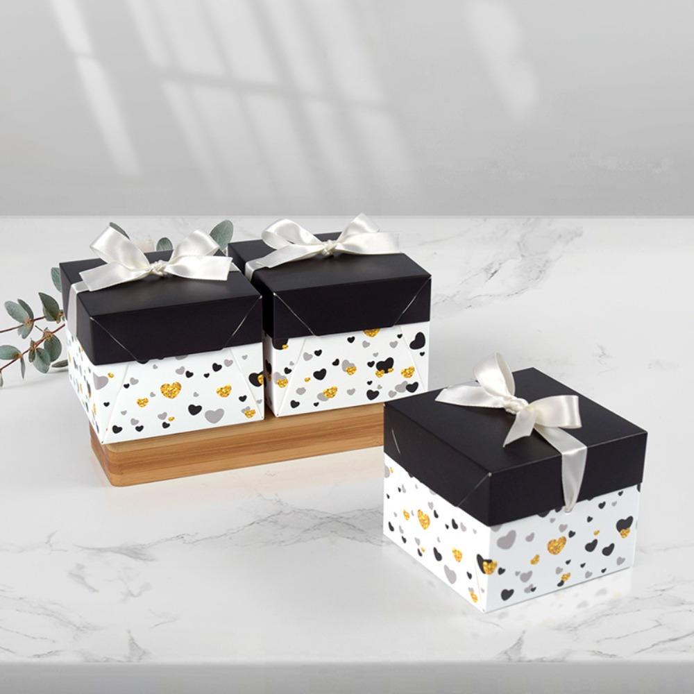 10pcs Gift Boxes with Lids Square Treat Boxes with White Ribbon Paper Party Favors Boxes Candle Boxes Elegant Black & White Gift Boxes
