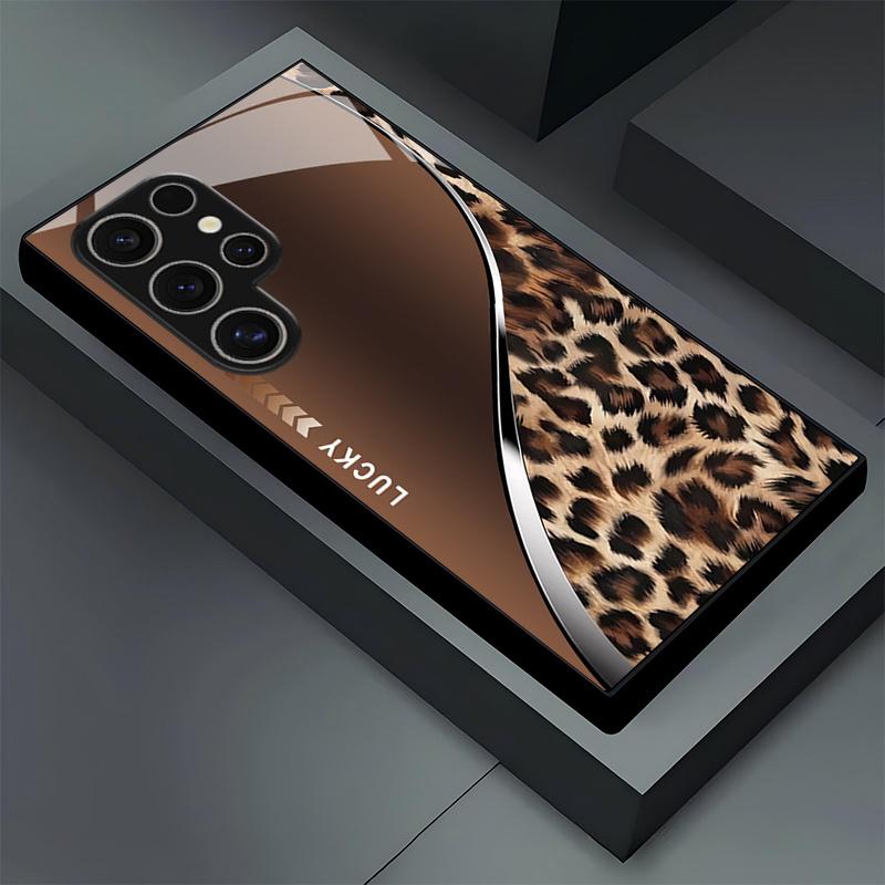 

Brown lucky leopard print glass phone case suitable for Samsung Galaxy S26 S25 S24 S23 S22 S21 S20 FE/Ultra/Plus anti drop Galaxy S26