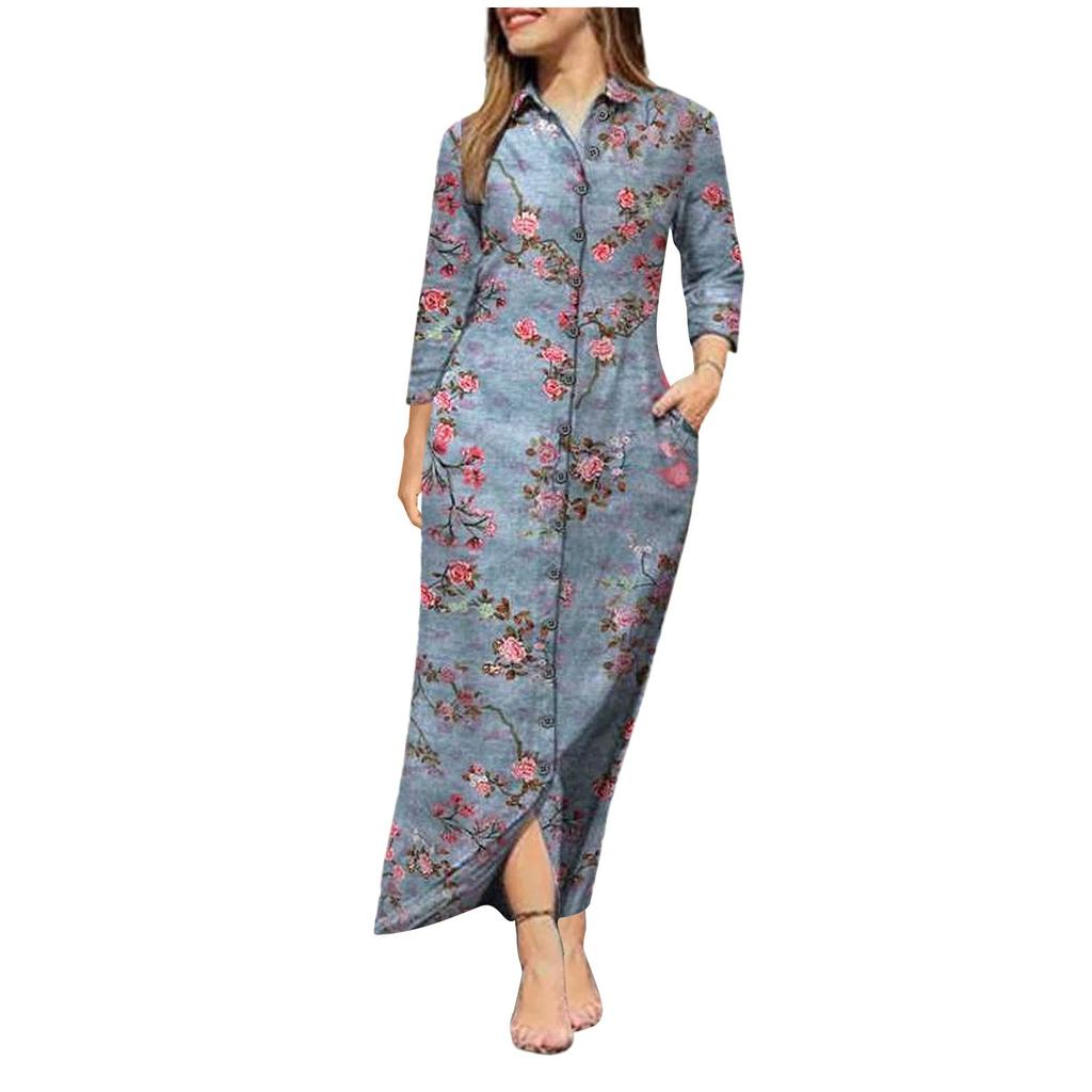 Abito lungo da donna, moda casual, temperamento, catena allentata, stampa geometrica, camicia a maniche lunghe, camicia con bottoni