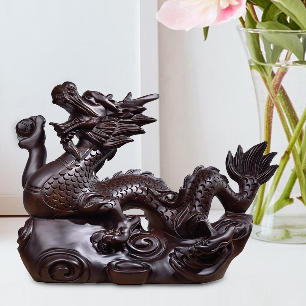 Wooden Carving Chinese Dragon Figurine Fengshui Decoration 3.9inch Long Souvenir Spring Festival for Desktop Decor Lifelike