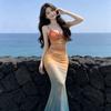 Atmosphere long dress vacation sunset island sense mesh suspender holiday vacation wind tie dye gradual change color
