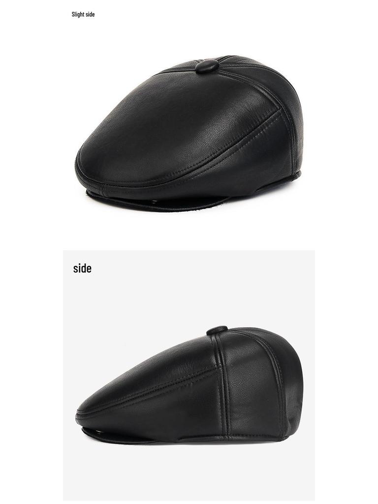 Men's Autumn-Winter Velvet-Lined PU Duckbill Cap with Ear Protection for Elderly