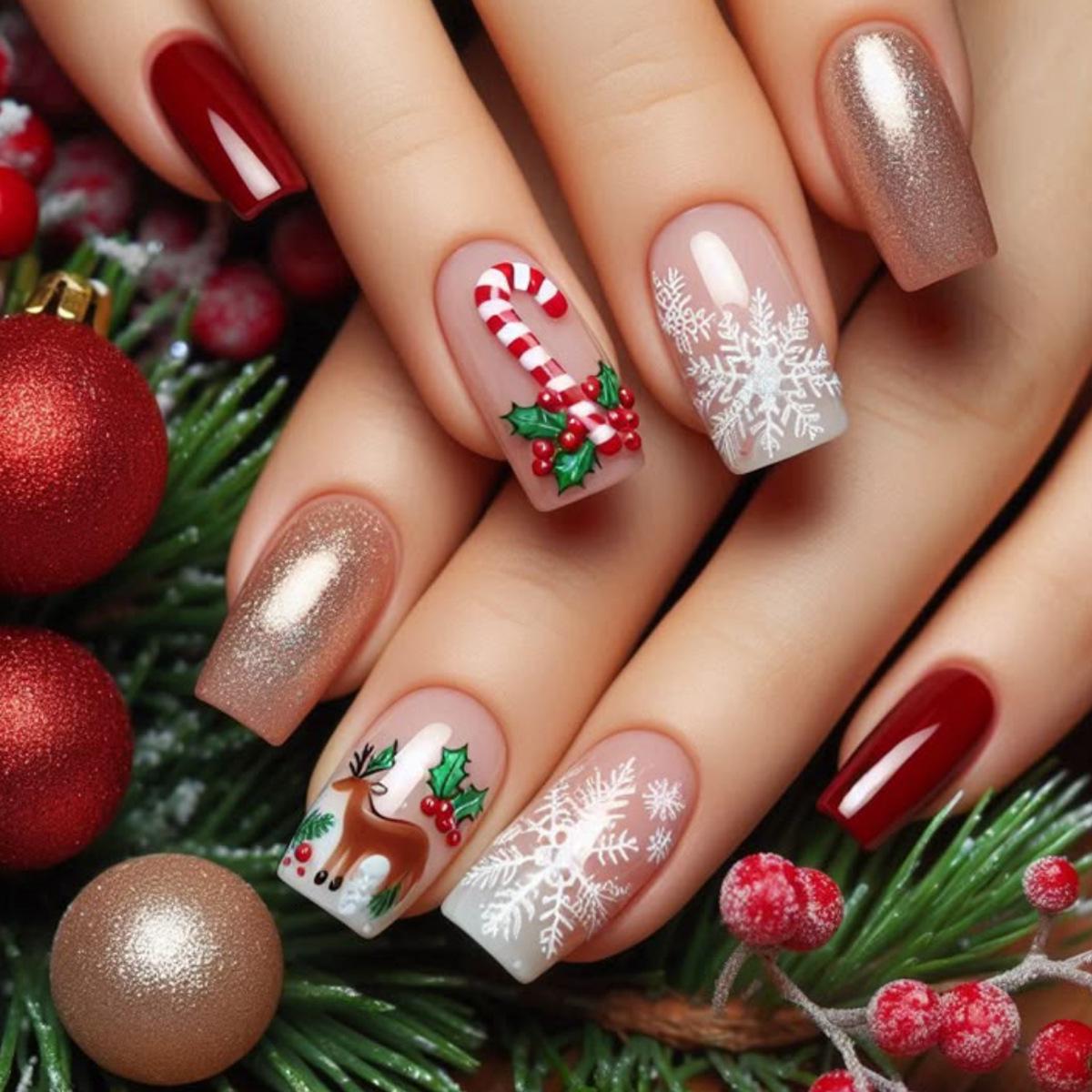Red Glitter Snowman Christmas Nail Tips - Medium European Square