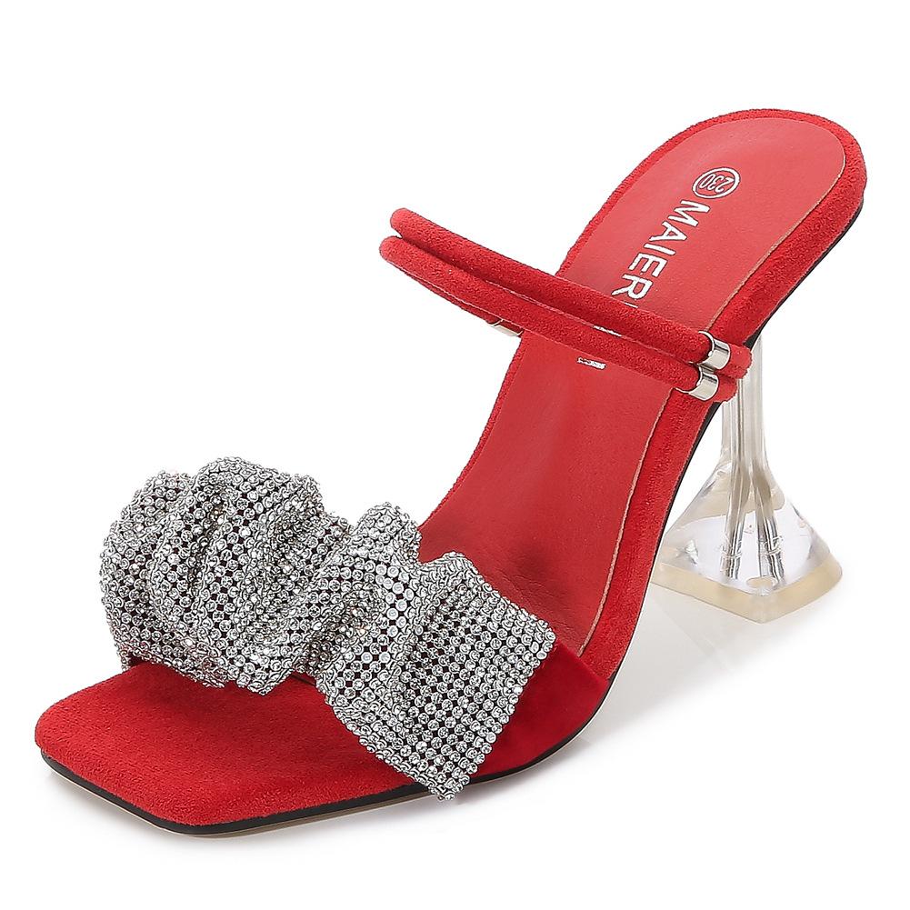 

2025 лето новый полый два способа носки хрустальные туфли на высоком каблуке тонкий каблук с квадратным носком стразы сандалии женские 46 красный