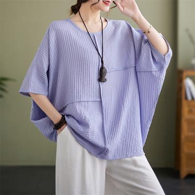 Summer Cotton Hemp Artistic Loose Casual Bat Sleeve Short Sleeve Top T-shirt for Women