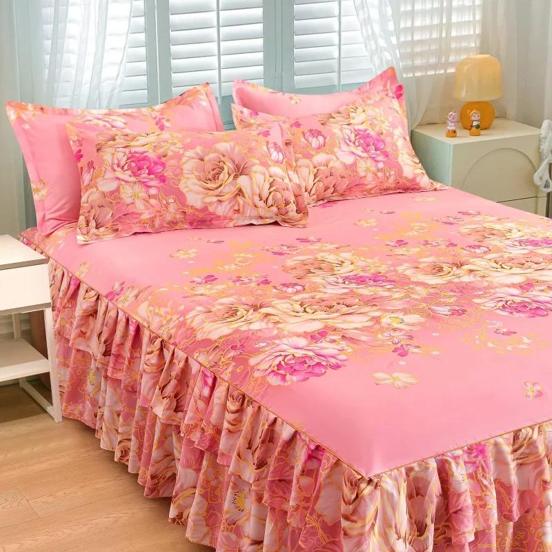 Ruffle Skirt Bedspread Home Textile Printed Bed Skirt Bedroom Coverlets Bedspreads Sheets Dust Cover Bedding 3PCS/Set
