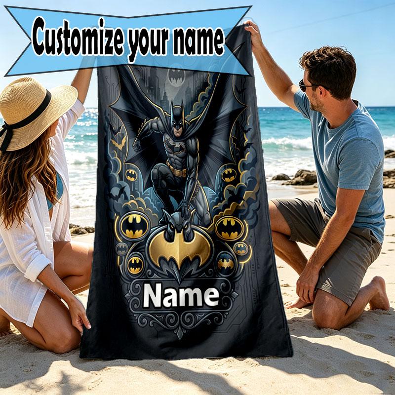 Custom Name Personalized Batman Print Beach Towel, for Trip Camping Beach Party Home Decor, Birthday Gift for Family & Friends