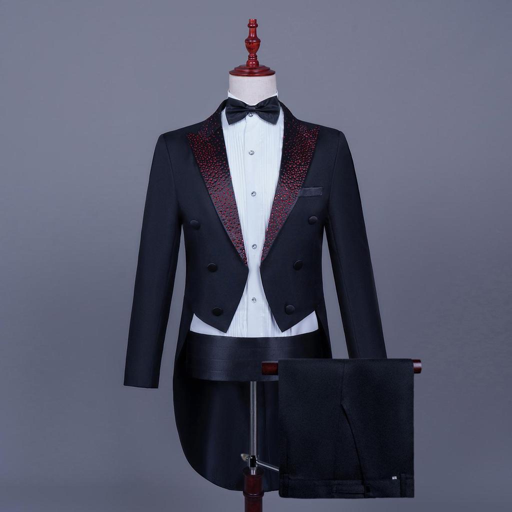 Men's Black and White Rhinestone Tailcoat for Magician, Singer, or Conductor - Formal Performance Wear