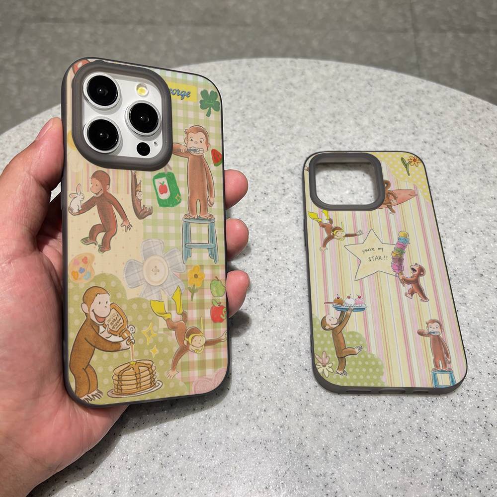 Lovely Cartoon C-Curious Georges Corrugated Stripe Phone Case For iPhone 17 16 15 14 13 12 11 Pro Max Plus Pro Shockproof Cover