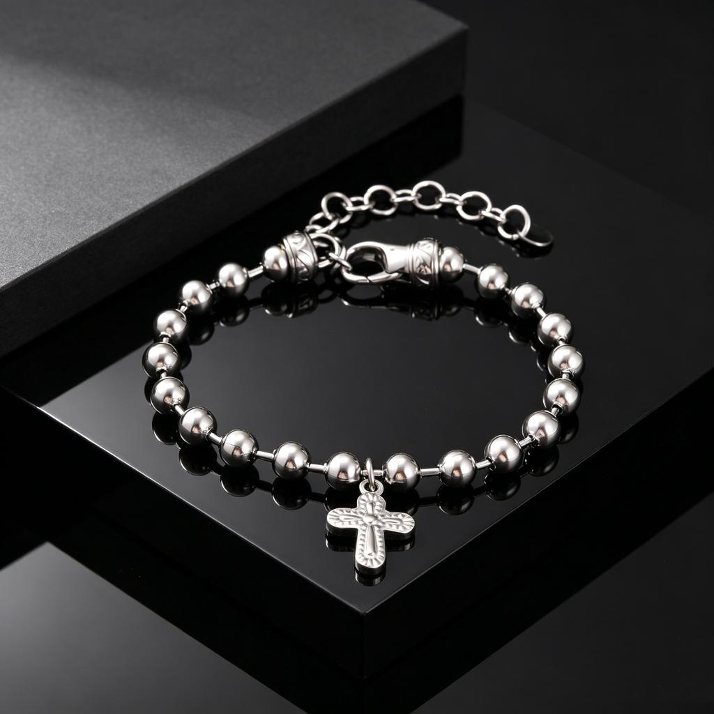Silver Color Rosary Beads Chain Cross Pendant Bracelets, Stainless Steel Wristband Bracelet, Jewelry for Men Father's Day Gift