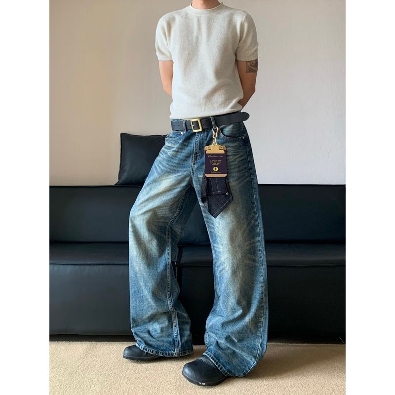 Cabbage Coke American-Style Clean Fit Loose Straight-Leg Whiskered Denim Pants Unisex Wide-Leg Straight Long Pants Trendy