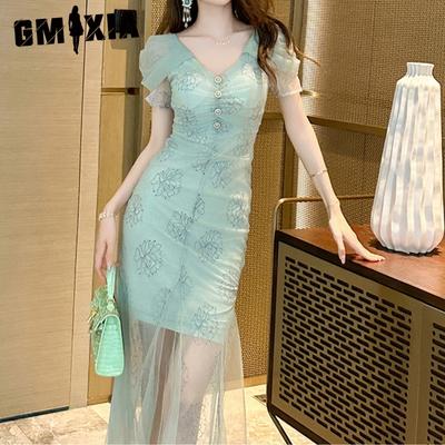 Summer Small Fresh V-neck Slim Mesh Fishtail Dress Tea Break Chic Stunning Dress