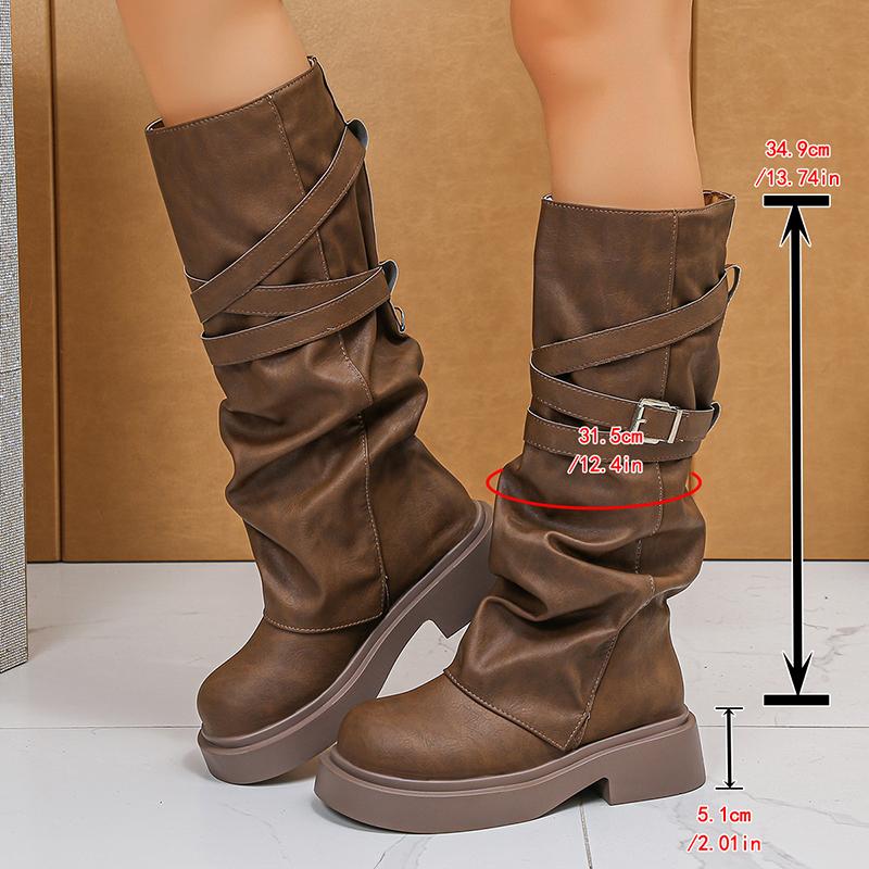 Fashion Fall Winter 2025 Fashion Pleated Knight Boots Buckle Strap Decor PU Leather Mid Calf Botas Mujer Chunky Platform Western Boots