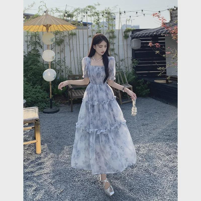 Summer Retro Floral Square Collar Dress in Milky Blue