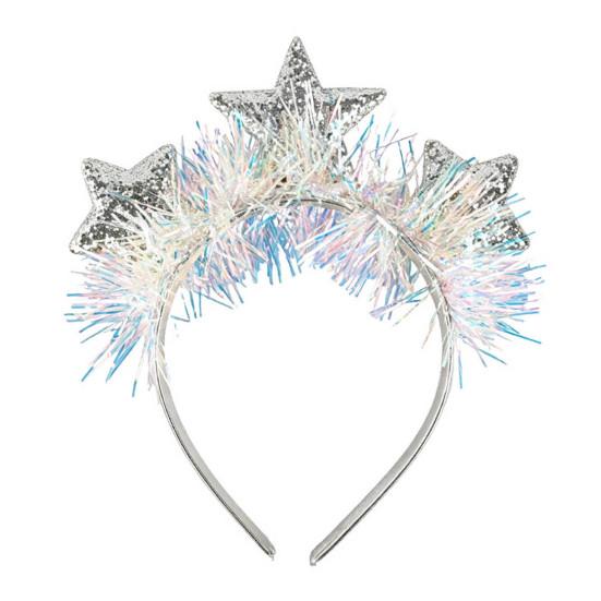 Colorful Rain Silk Star Crown Headband with Sparkly Sequins, 3D Glitter Hair Hoop Decorative Headwear for Wedding Christmas New Year Birthday,