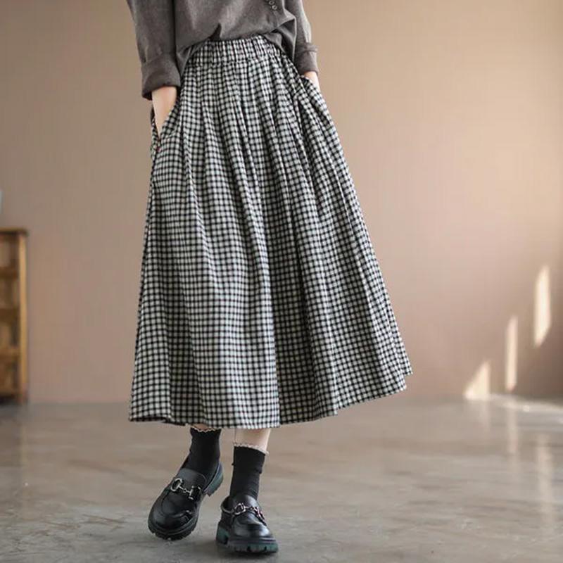 Half Skirt Women Summer Cotton Casual Versatile Elastic Skirt Loose Comfortable Plaid Skirt
