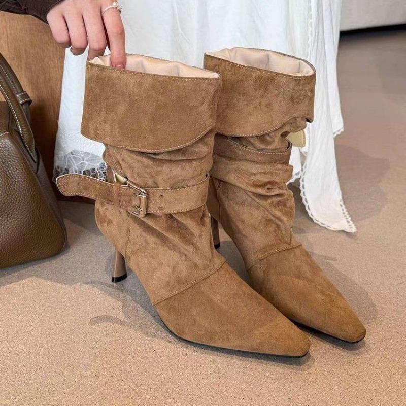 NEW Sexy Thin High Heels Street Style Brown Ankle Boots Women Pleated Buckle Strap Modern Booties Stripper Party Shoes