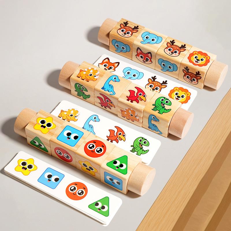 Kinder Holz Drehbar Baustein Puzzle Früherziehung Tiererkennung Puzzle Dreidimensional Baby Erleuchtung Eltern-Kind Schreibtischspielzeug