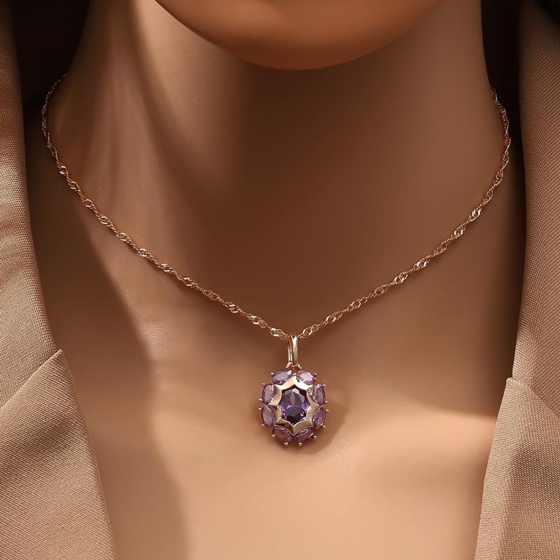 Luxury Oval Purple Zircon Pendant Necklace for Women Gold Color Exquisite Party Jewelry