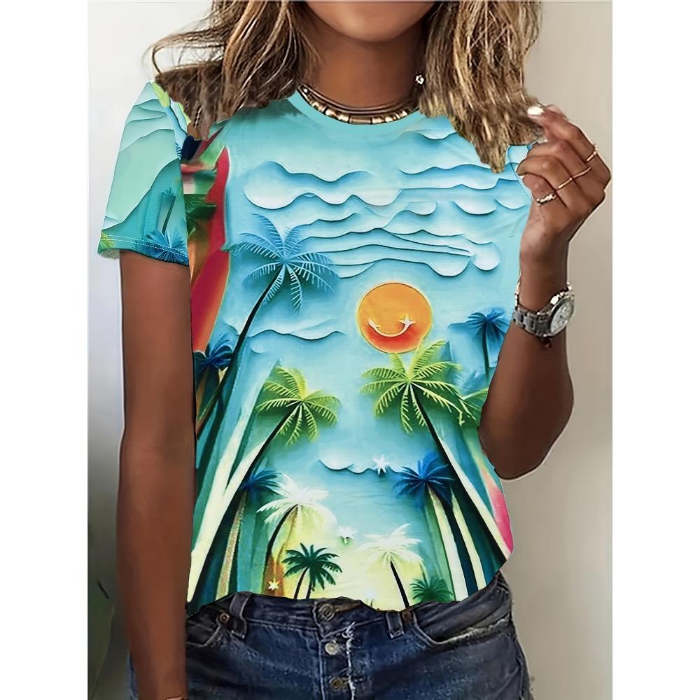 2026 Sommer Rundhals Damen T-Shirt Mode 3D Hawaiianischer Papagei Vogel Druck Kurzarm Cartoon Lässig