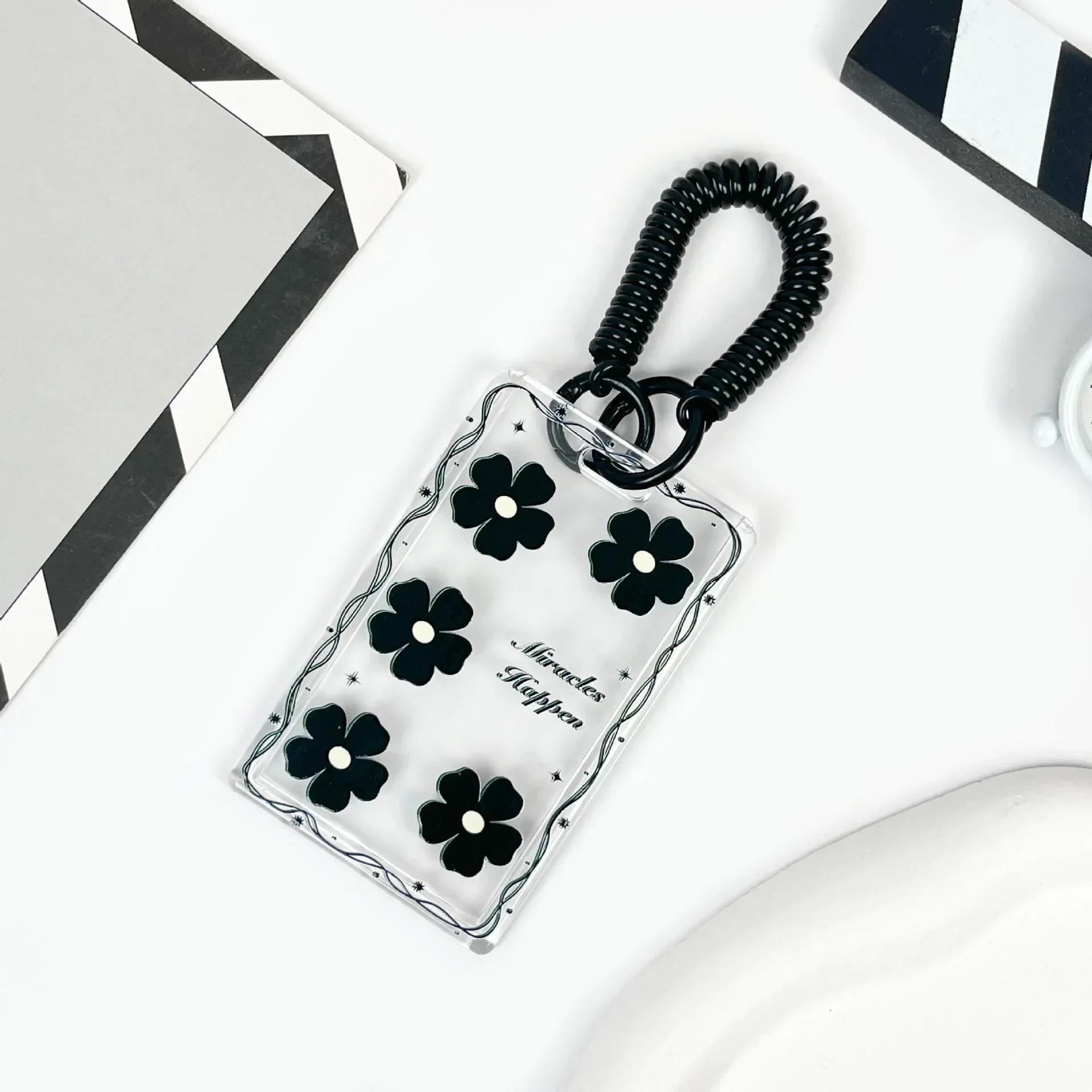 

Чехол для карт с черным цветком, прозрачный держатель для студенческой карты, чехол для карты контроля доступа, чехол для карты на пружине, держатель для удостоверения личности