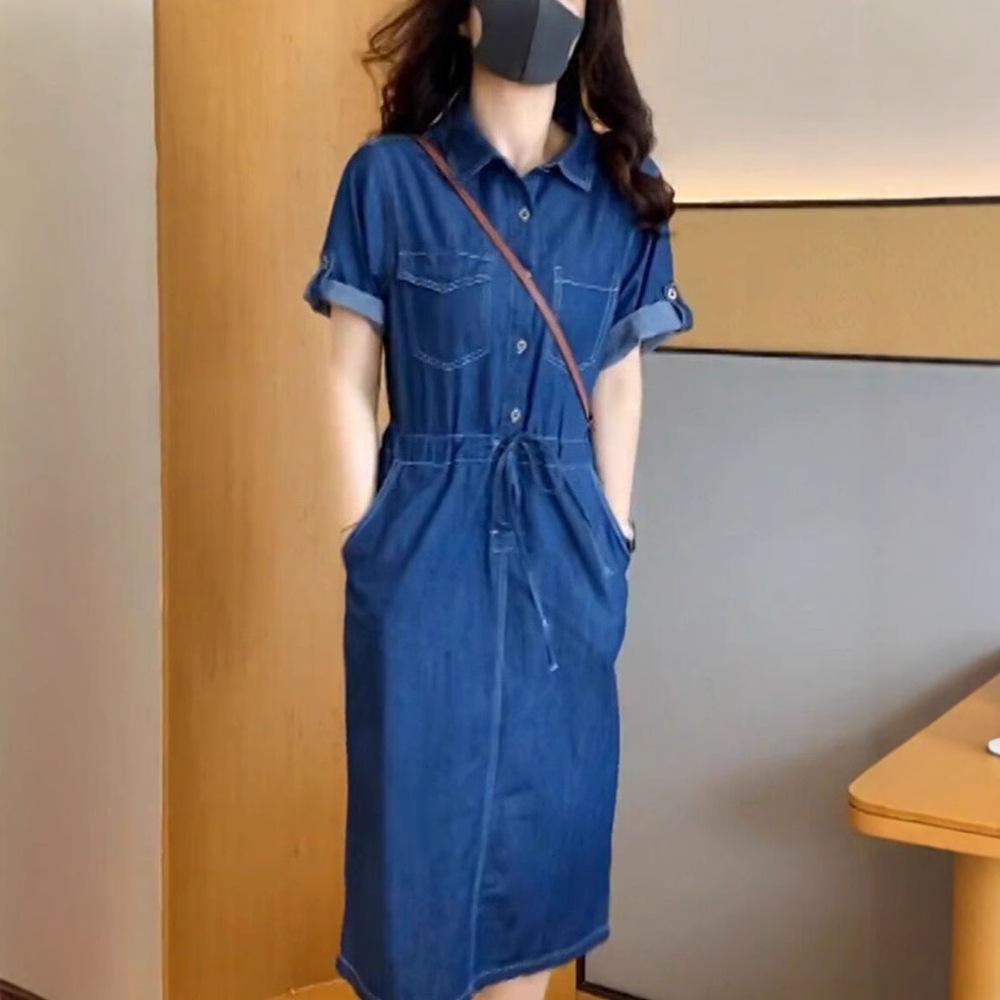 Women's Summer 2025 Slim-Waist Short-Sleeve Denim Dress