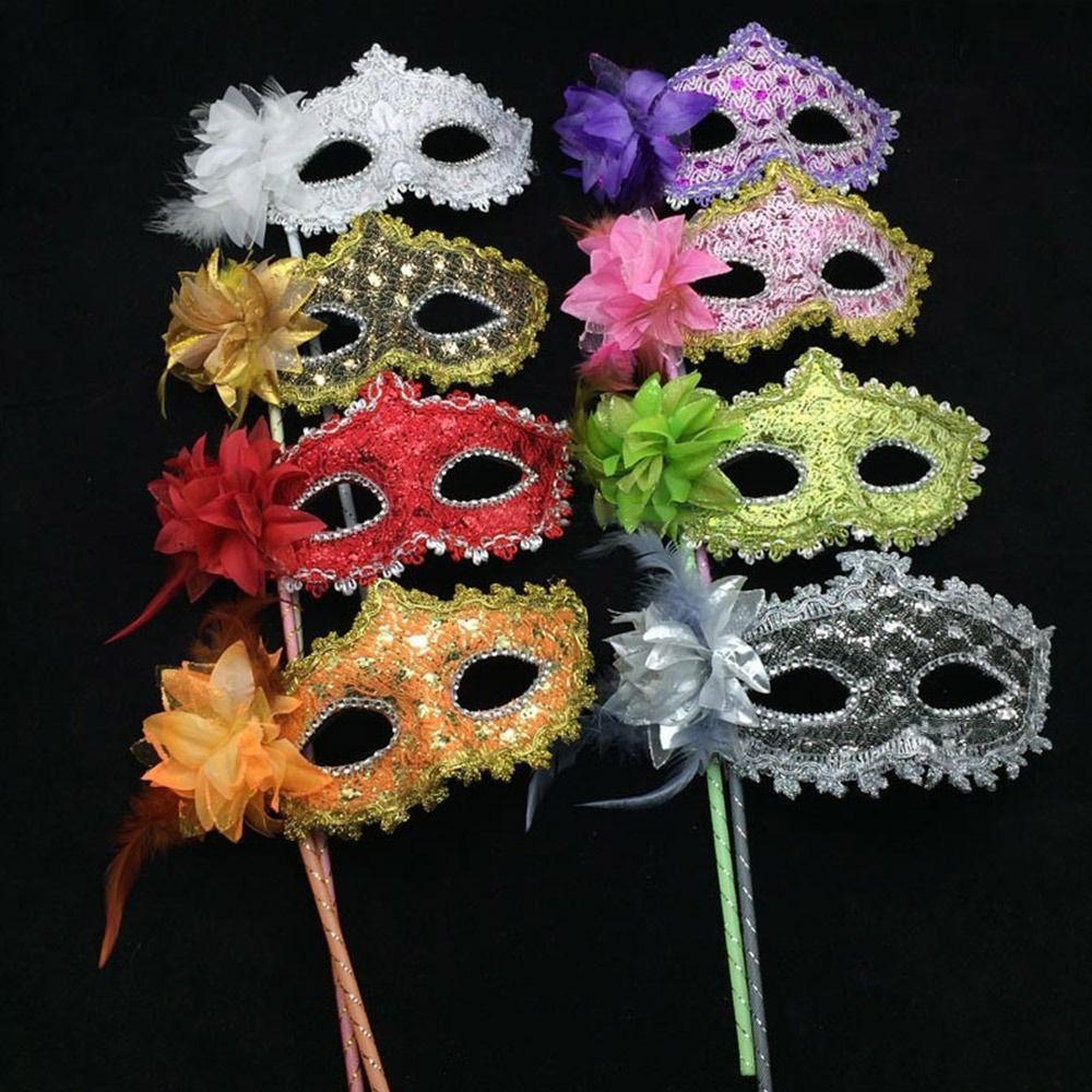 Stick Side Feather Flower Handheld Masquerade Masks With Holding Stick Festival Costume Party Translucent Half Face Mask Feather