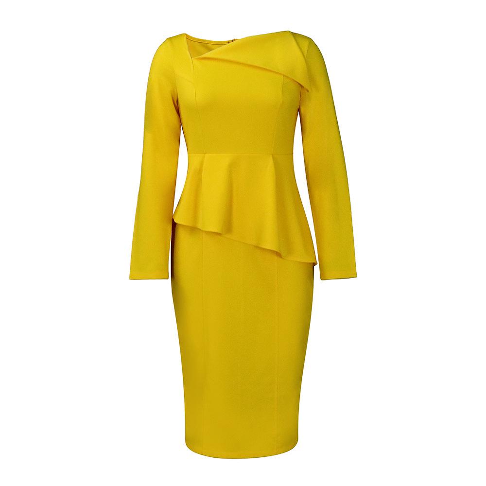 

Large size women s clothing autumn new fashion diagonal collar temperament elegant long-sleeved dress XXXL жовтий