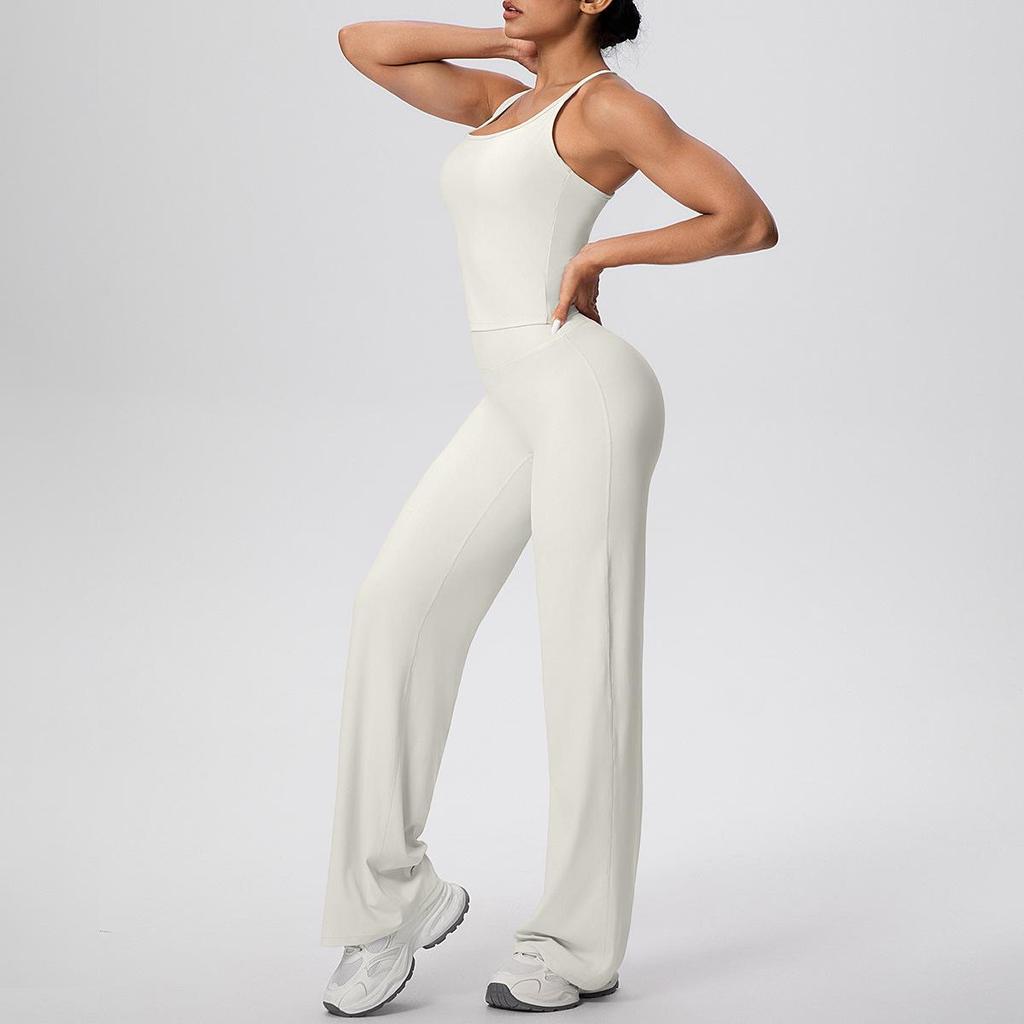 Solid Color Racerback Tank & High Waist Wide-Leg Yoga Pants Fitness Set