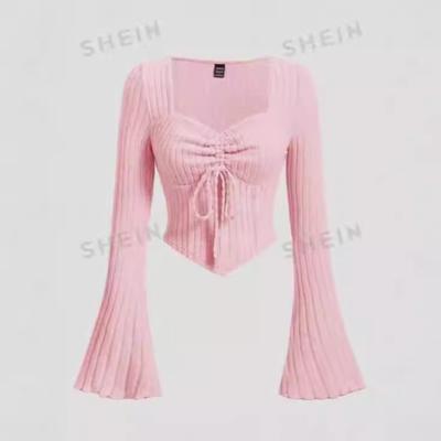 Women's Long Sleeve Knit Top with Drawstring Waist and Ruffle Detail Flared Sleeve Pullover Lightweight Stretch Fabric Casual Fit