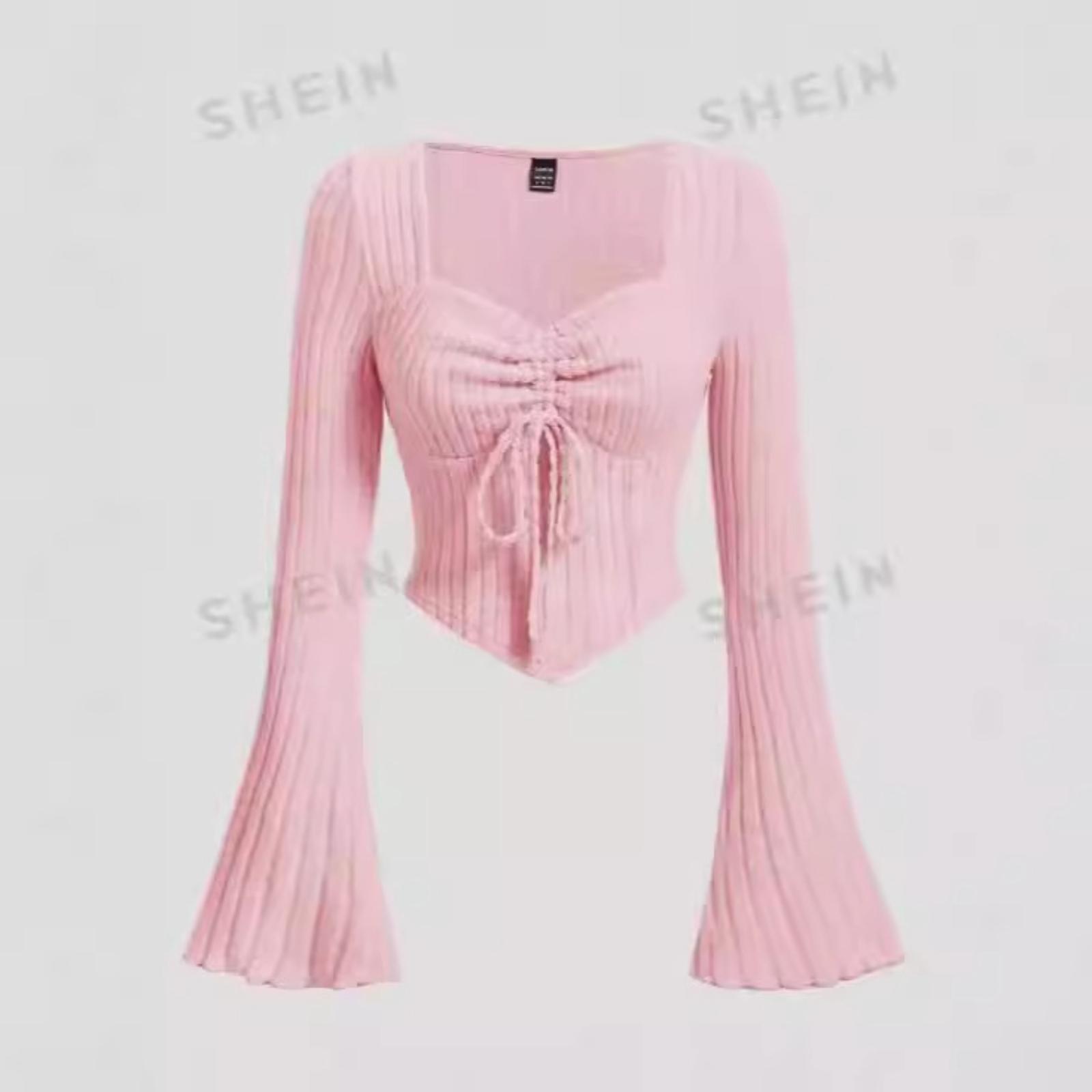Women s Gathered Drawstring Bell-Sleeve Long-Sleeve Base Layer Knit Top S розовый