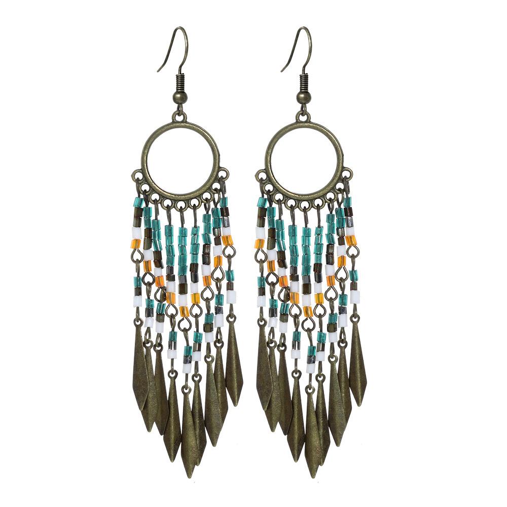 Ethnic Style Exaggerated Retro Earrings Bohemian Rice Beads Tassel Earrings