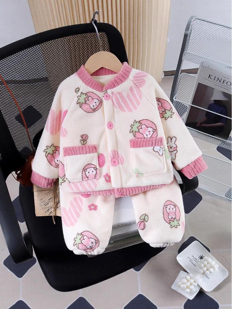Infant Girls' Flannel Pajama Set - Autumn/Winter Toddler Homewear, Two-Piece