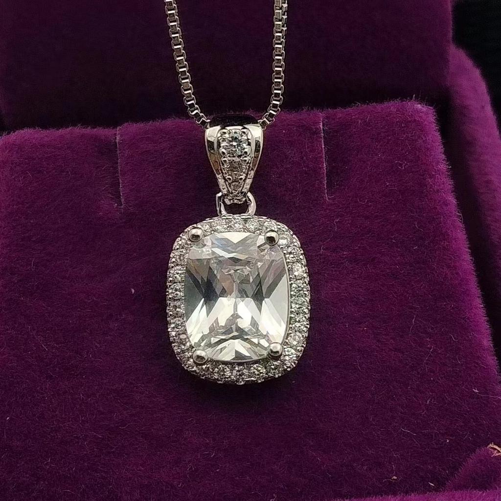 Personality Fashion Imitation Colored Gemstone Zircon Necklace Women's High-end Temperament Light Luxury Rectangular Pendant Jewelry