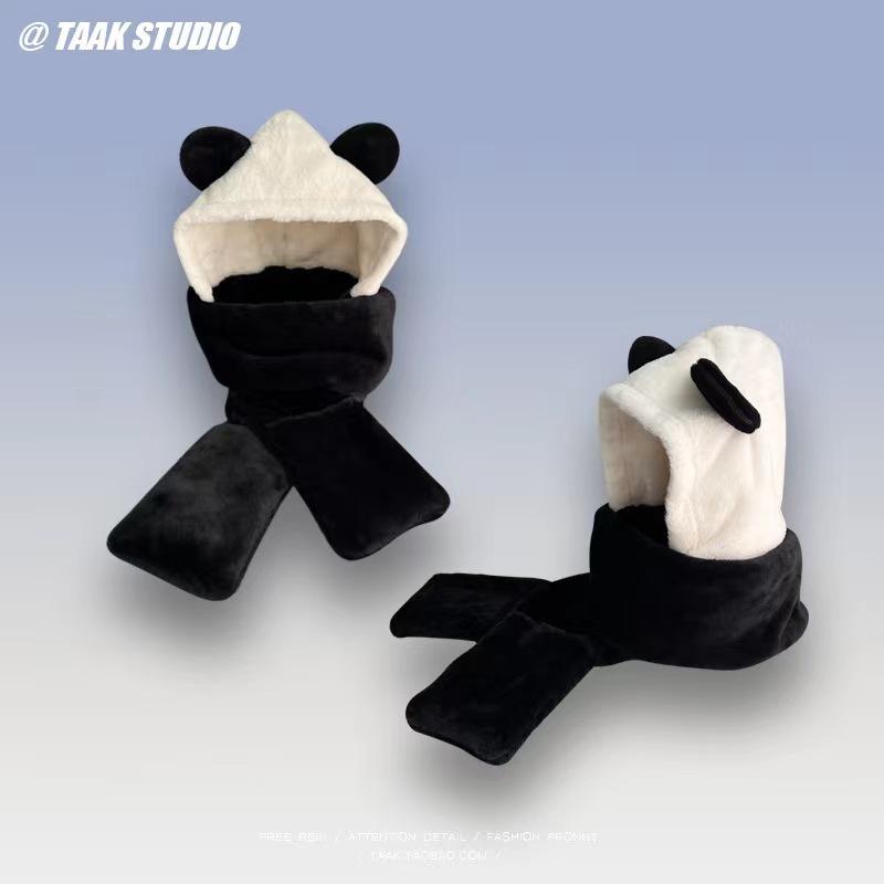 Cute Panda Lei Feng Hat Women's Season Warm Versatile Student Plush Ear Protection Hat Scarf Integrated Three-piece Set