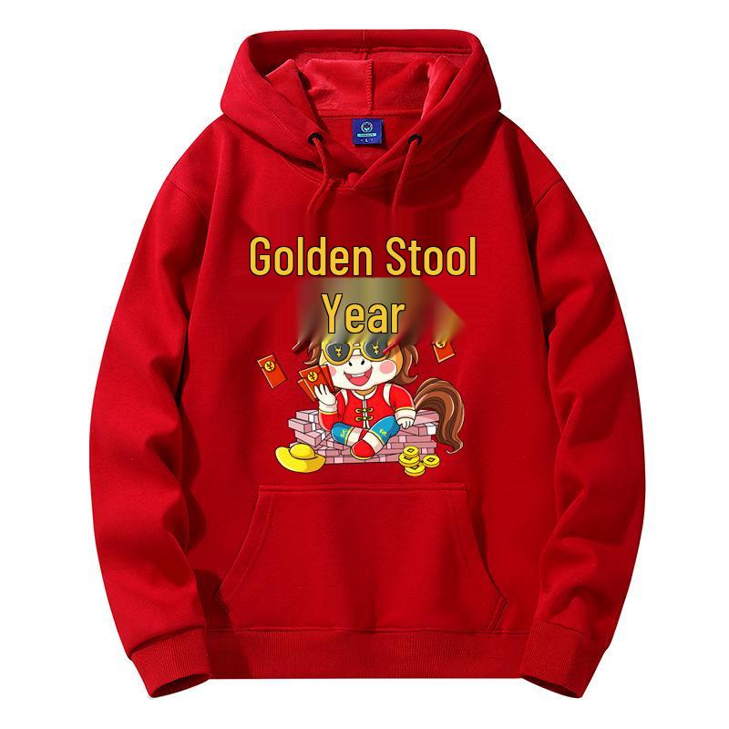 2026 Year of the Horse Red Hooded Sweatshirt - Men's Loose-Fit, Thin, Plus Size Outerwear, Class Uniform