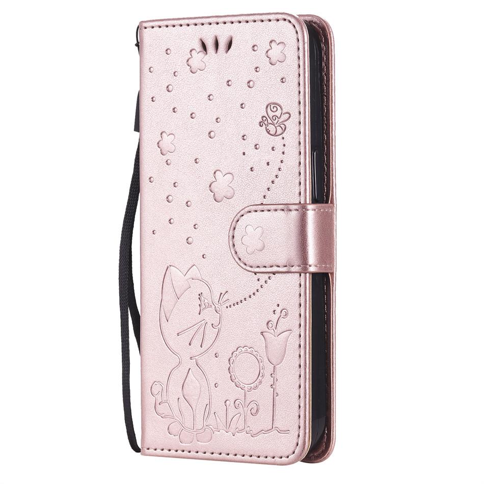 

Cute Cat Bee Wallet Flip Case For Huawei Honor 10i 9X 9C 9S 8A 8X 9A 20 30 Pro X10 10 9 Lite Y7P Y5P Y6P Protect Capa Cover D06F For Y7P рожевий колір золота