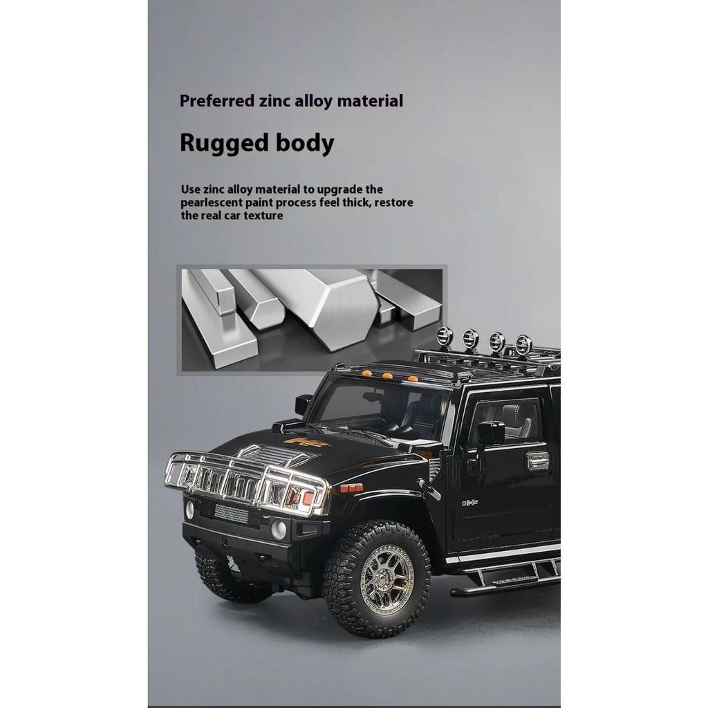 Large 1/18 Hummer H2 Alloy Off Road Car Diecast Metal Model Sound Light Pull Back Toy Collect Display Ornament Children Toy Gift