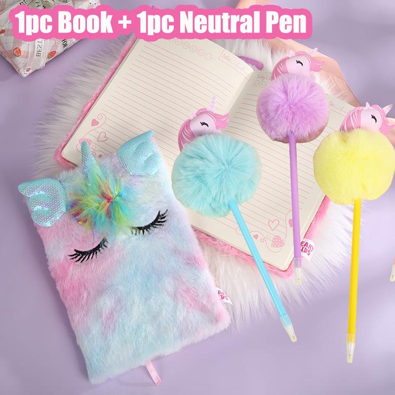 1pc Neutral Gel Pen + 1pc Plush Unicorn Handbook Plush Pen Handwriting Signature Pen Plush Ballpoint Pen Writing Smoothly Quick-Drying Student Gel Pen