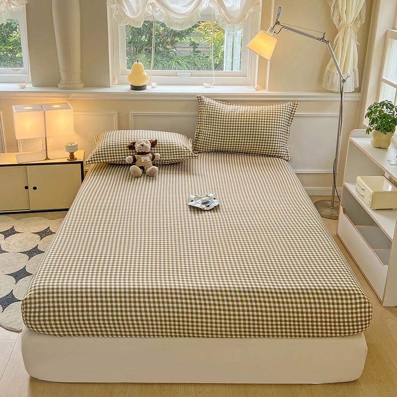 Plaid Fitted Sheet With Elastic Band Non Slip Adjustable Mattress Cover Soft Comfortable For Single Double King Queen Size