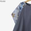 ZANZEA Women Casual Round Neck Loose Print Splice Half Sleeve Blouse