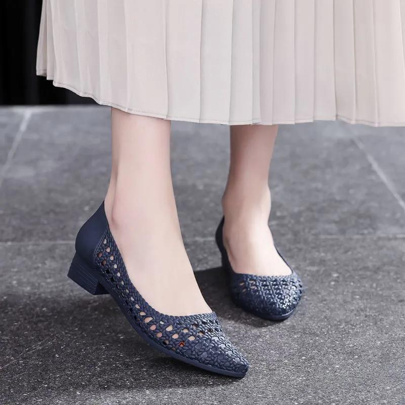 WTEMPO Pointed Toe Spring Summer Large Size Solid Color Single Shoes Women's Low Thick Heel Anti Slip Casual Work Shoes