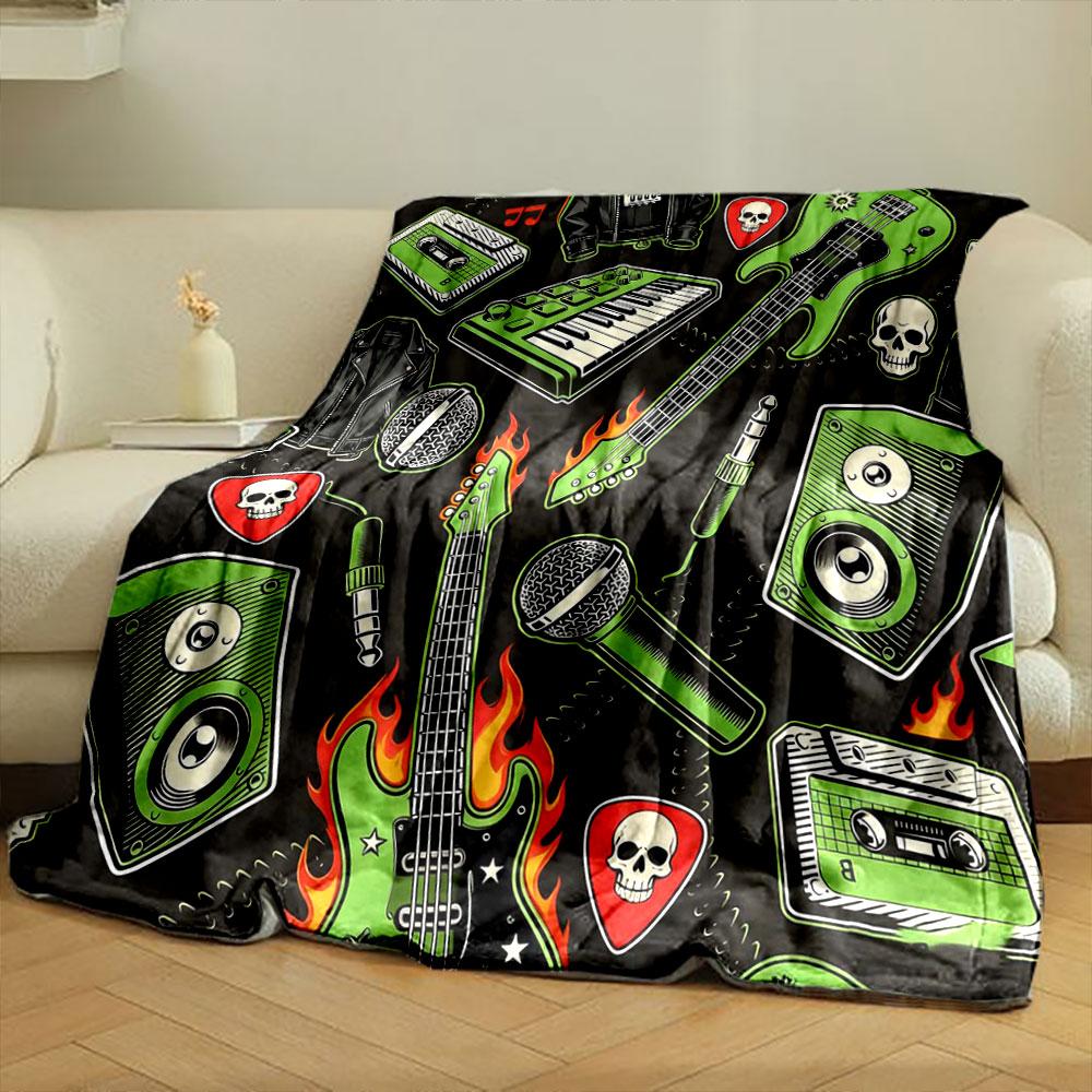Black Background Music Elements Print Blanket Warm Soft Fluffy Kids and Adults Sofa Bed Throw Blanket Outdoor Travel Camping