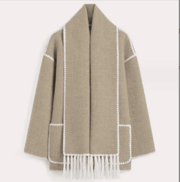 2023 Autumn/Winter Women's European and American Fashion Thick Woolen Coat with Tassel Scarf