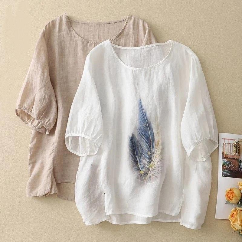 Women Feather Print Round Neck Half Sleeve Linen Cotton Blend Top