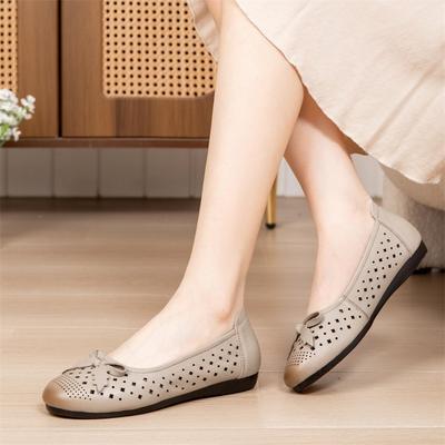 Summer Leather Flat Bottom Round Head Shallow Mouth Sandals Beef Tendon Soft Bottom Bow Hollow Mother Shoes Breathable Hole Single Shoes