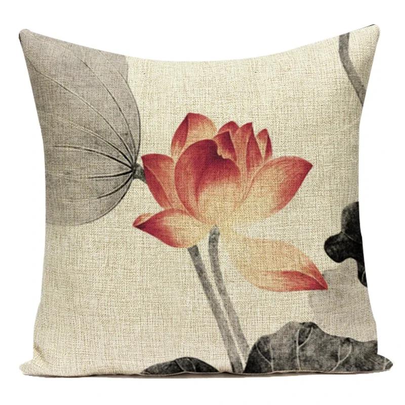 Chinese Style Lotus Ink Painting Cushion Cover Polyester Pillow Cover Office Car Sofa Throw Pillowcase Home Decorative